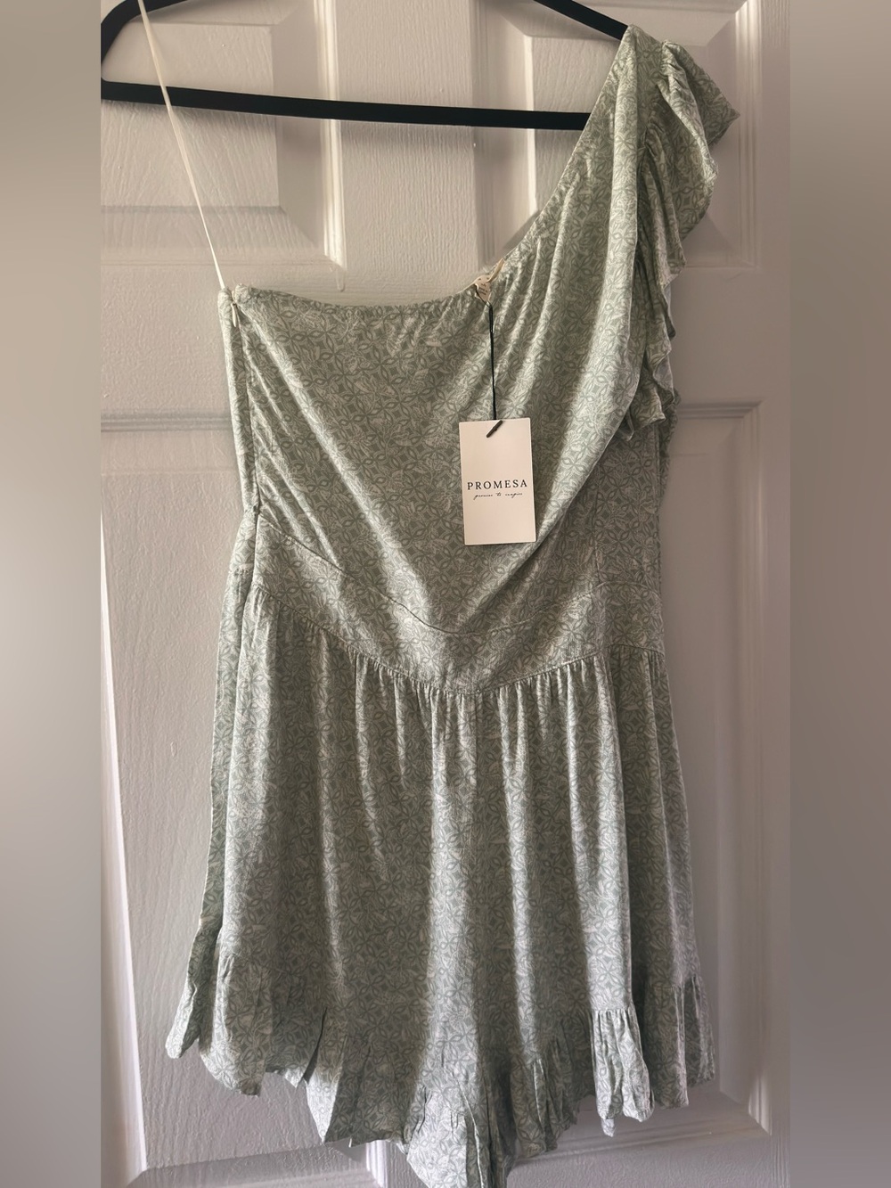 Promesa Light Sage One-Shoulder Floral Romper